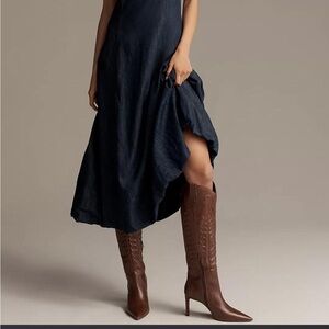 Navy Midi Dress with Brown Cowboy Boots